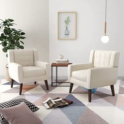 Accent Chair for 2 Sets, Linen Upholstered Armchair, Tufted Small Living Room Chair with Wooden Legs, Mid Century Modern Comfy Reading Chair for Bedro