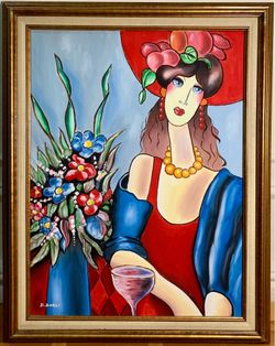 Painting - Woman w/ Red Hat, Flowers & Wine