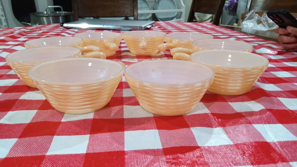 Peach lust Fire King 9 Soup Bowls W/Handles