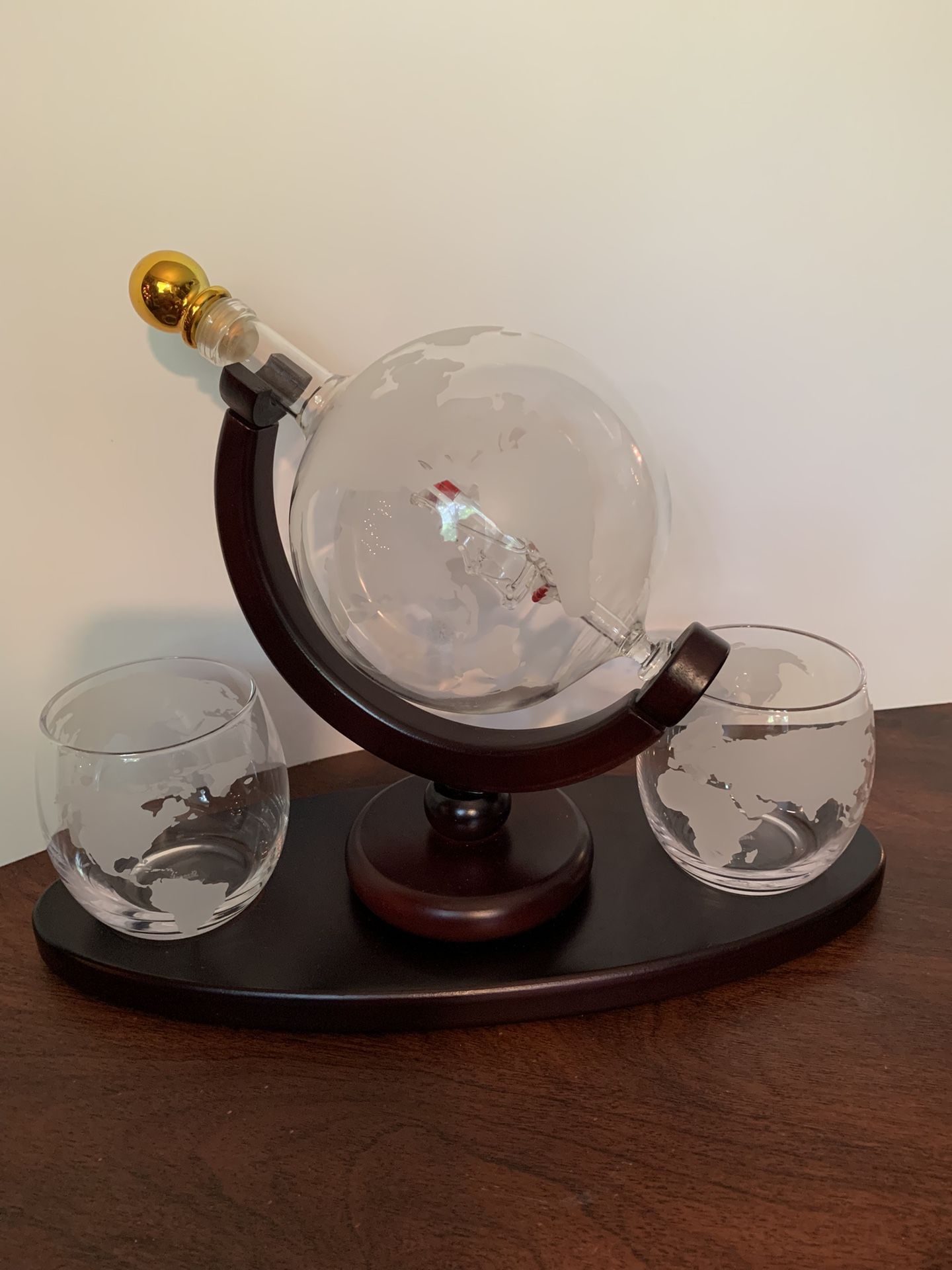 Whiskey Globe Decanter / Glass Set With Wood Stand