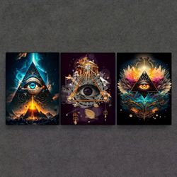 3pcs/set Abstract Canvas Print Posters, Masonic All Seeing Eye Canvas Wall Art Paintings, Artwork Wall Painting For Living Room Bedroom Bathroom Offic