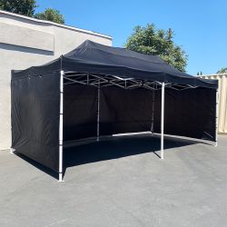 $225 (New) Heavy-duty black 10x20 ft canopy with (4 sidewalls) ez pop up outdoor party tent w/ carry bag