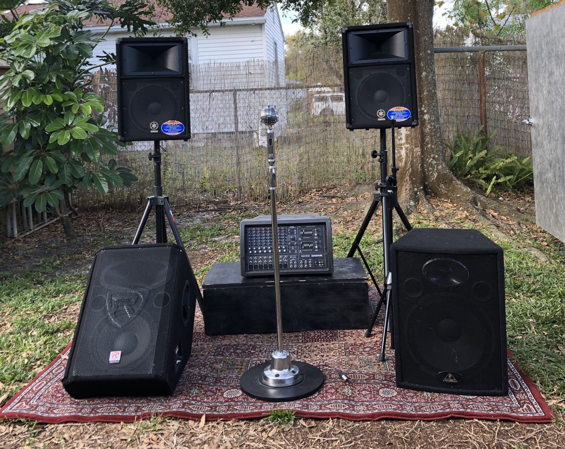 PA system with Microphone, cables, monitors, and rug