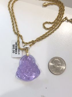 Brand new 14k gold finish Purple laughing Buddha pendant with stainless steel Rope Chain ! Doesn’t turn your Neck Green