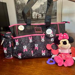 (NEW) Disney Baby 17.5”x12”x8” Minnie Diaper Bag w/ Insulated Bottle, Pacifier Holder & Doll #65815