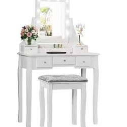 Costway White Vanity Dressing Table Set w/ Lights + Stool (OPEN BOX – NEW)