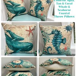Pair of Colorful Aqua, Tan & Coral Whale & Seahorse Coastal Throw Pillows 