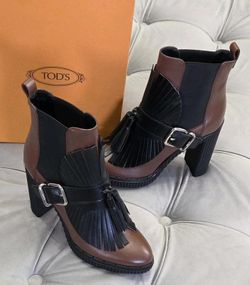 Tod's Brown Black Leather Ankle Boot Heels Tassle Buckle Womens Shoes 36.5 6.5