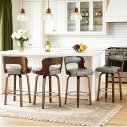 Swivel Bar Stools Set of 4, 26" Counter Height Bar Stools, Mid-Century Modern PU Leather Modern Island Chairs with Back and Footrest, for Kitchen, Bar