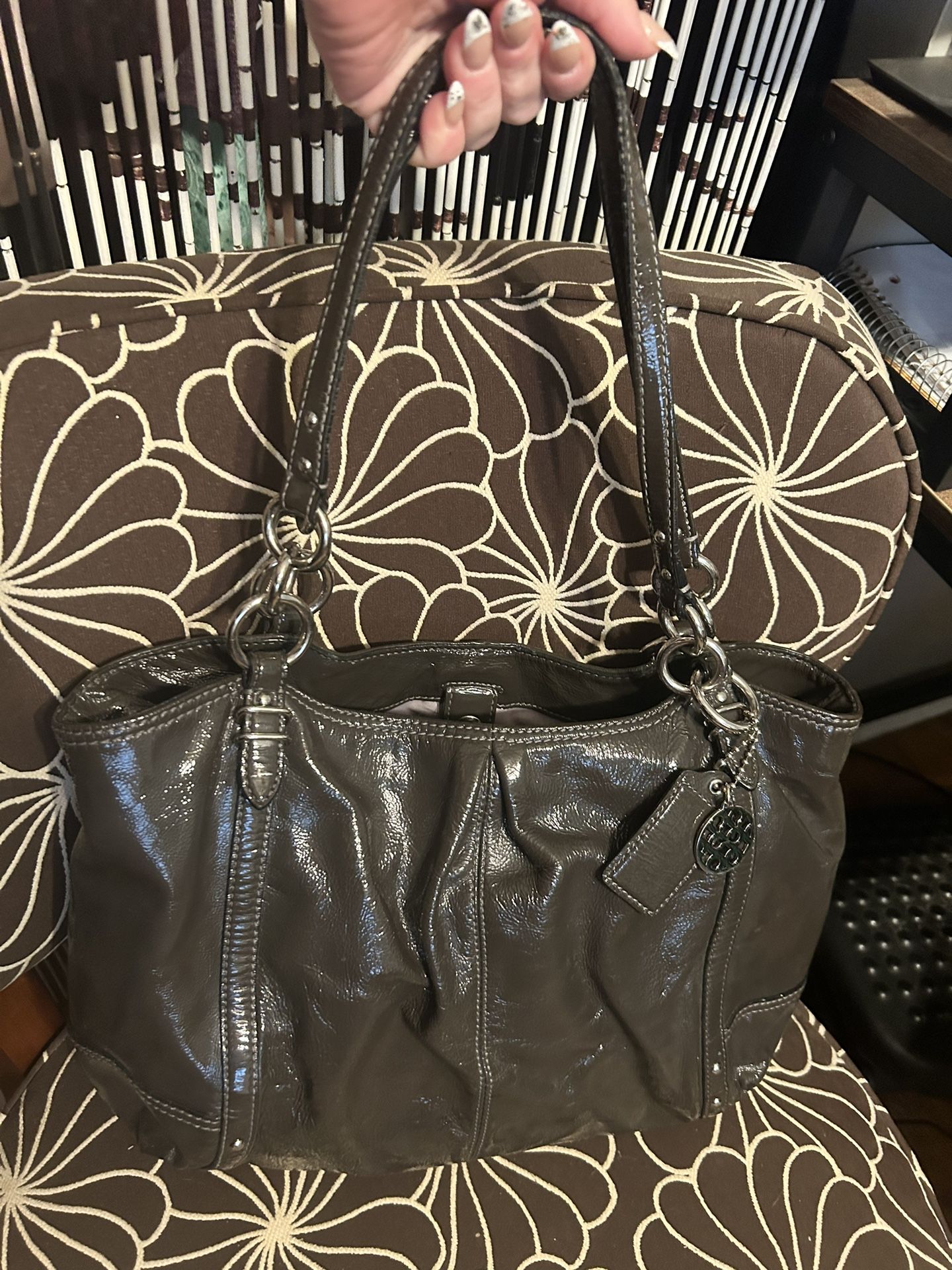 Coach Bag, Grey Patent Leather Lavender Interior