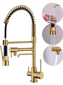 Kitchen Faucet, 3 Way Drinking Water Faucet, 3 in 1 Water Purifier Faucets, High Arc and Dual Handles Commercial Kitchen Sink Faucetss Brushed Gold