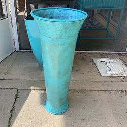 Turquoise metal vase for entryways, and flowers