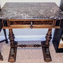 Antique Burl Wood Desk topped with White-veined Black Marble Top