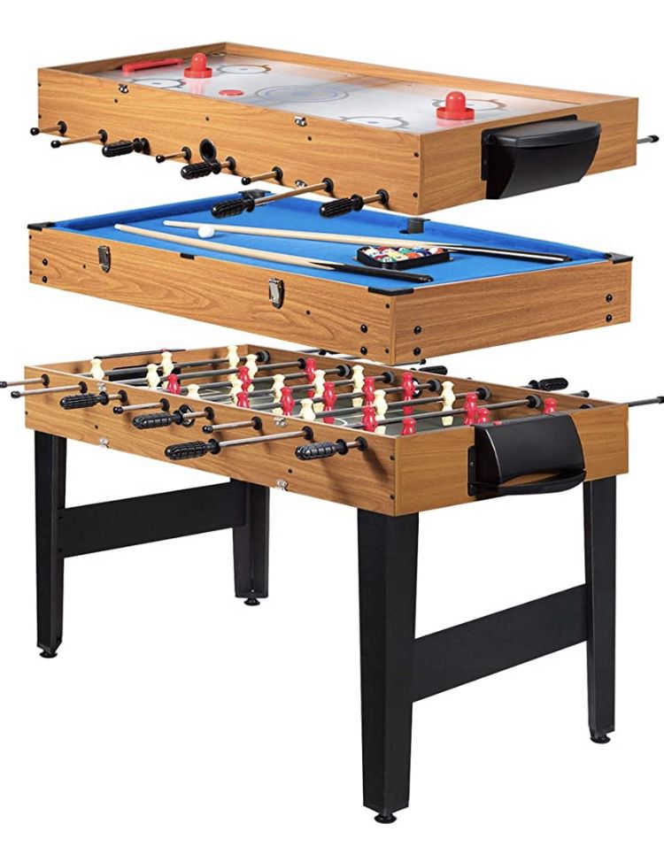 Multi Game Table, 3-in-1 48" Combo Game Table w/Soccer, Billiard, Slide Hockey, Wood Foosball Table