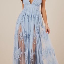 Size Large Cute Leg Slit Blue Dress Bridesmaids Wedding Formal Prom Homecoming Banquet Pictures Gown Lace Tulle 