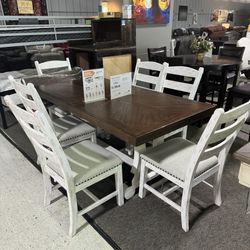 Valebeck Beige/White Dining Table and 6 Chairs