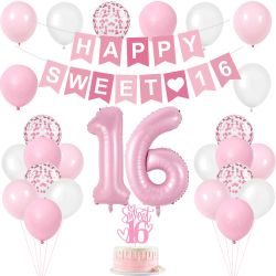 Vlipoeasn 27PCS Sweet 16 Party Decorations For Girls, Candy Pink 16th Number Balloons & Glitter Cake Topper, Happy Sweet 16 Banner, Happy 16th Birthda