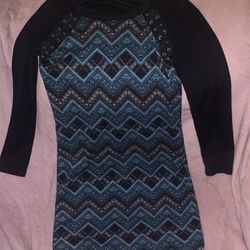 Black And Blue Pattern Long Sleeve Dress
