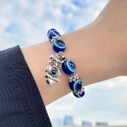 Evil Eye Owl Charm Beaded Bracelet 