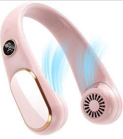 Pink Neck Fan Rechargeable 5 Speeds, Portable Personal Fan, Hands Free Bladeless Fan, Battery Operated Wearable Fan Adjustable, Screen Design, 4-12 Ho