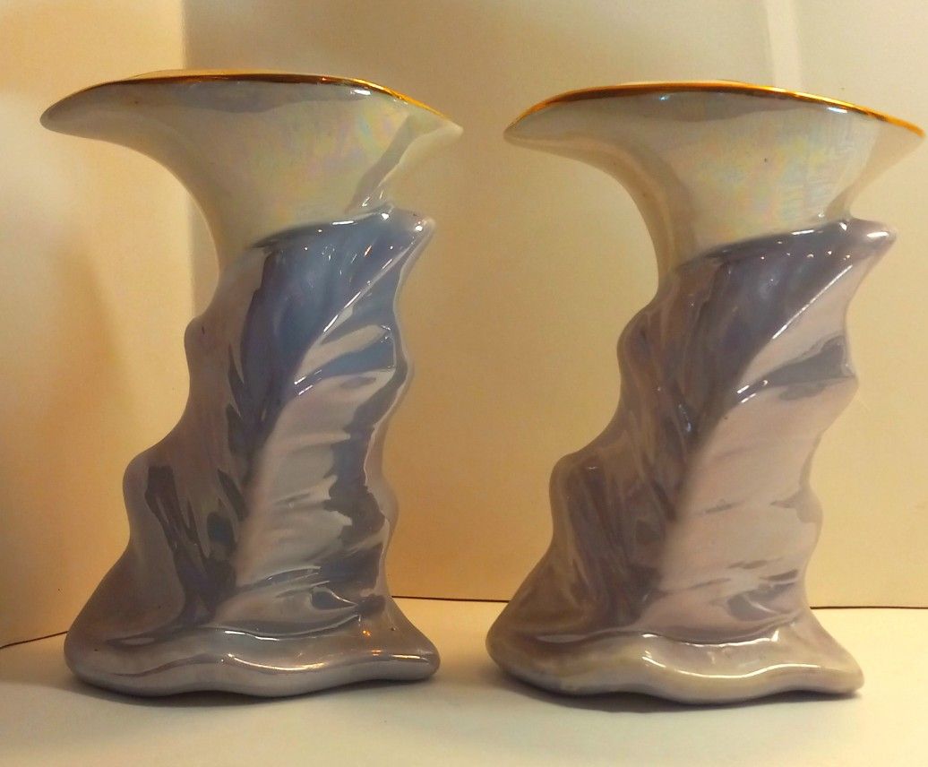 Vintage Pair KASS USA Lusterware and Gilded Gold Calla Lilly Trumpet Vases 1940s