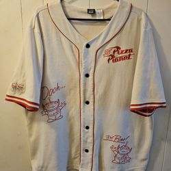 Disney Pixar "Toy Story" Kaki Color Stitched Jersey "Pizza Planet" Size Large Great Condition 