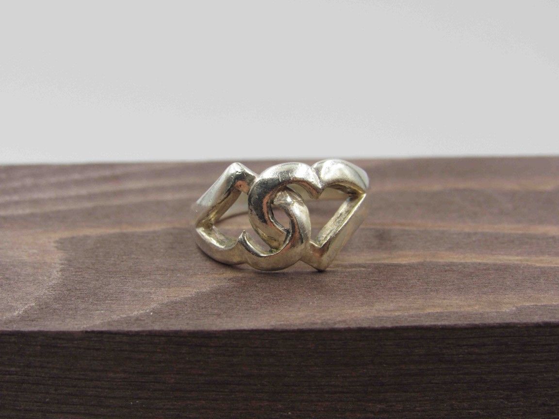 Size 6.75 Sterling Silver Rustic Double Heart Band Ring Vintage Statement Engagement Wedding Promise Anniversary Bridal Cocktail Friendship