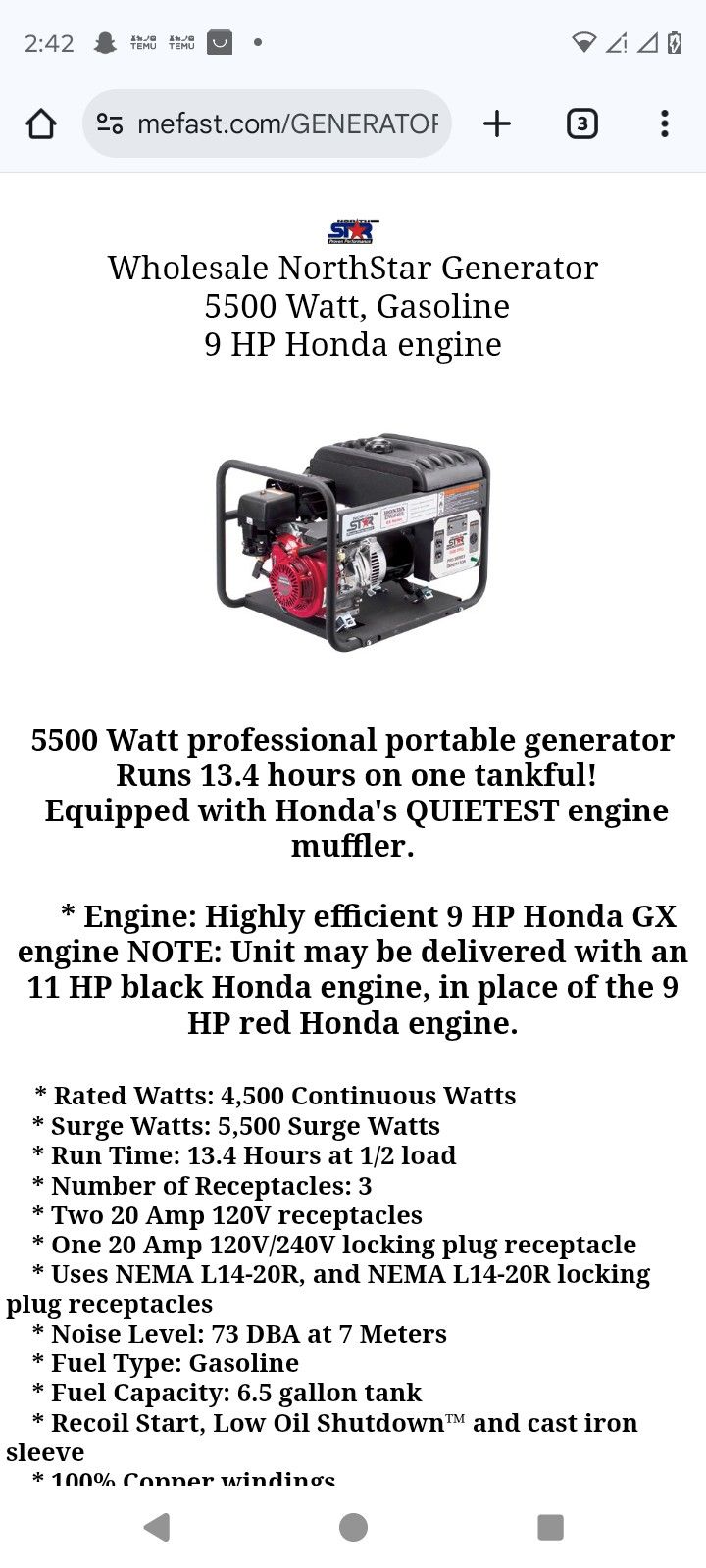 Northstar Pro Series Honda Generator 5500