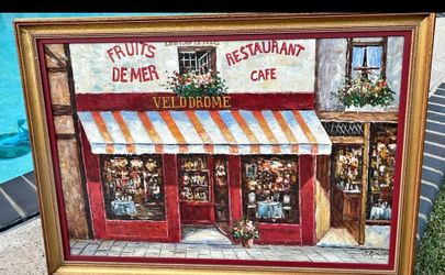 Framed Oil Painting French Cafe Street Scene