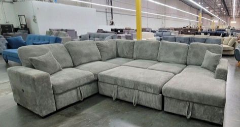 ✅️✅️4 pc Grey  corduroy fabric sectional sofa with storage chaise and love seat and pop up sleep area in center USB charging✅️✅️