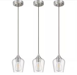 Merra 60Watt 1-Light Brushed Nickel Shaded Pendant Light Kitchen Island w/ Glass Shade E26 Base and Adjustable Cable (3-Packs