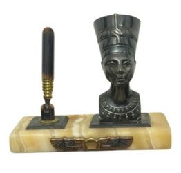 Vintage Bronze On Marble Pen Holder Nefertiti, Egyptian Themed 