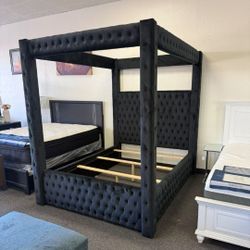 Black Velvet Queen Size Canopy Bed Frame