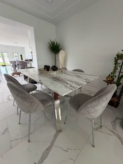 Modern Marble Dining Table with 6 Velvet Chairs