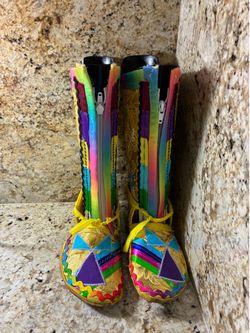 Native American Fancy Handmade Dance Powwow Regalia Moccasins Leggings Set-Yellow -Size 6.5