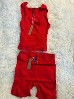 Skims Red Ribbed Tank Top and Shorts Set medium