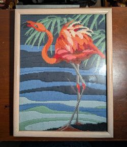 Vintage Needlepoint wall art piece of pink and orange flamingo
