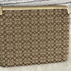 COACH Tan Brown Signature Jacquard Tablet Case Sleeve Padded Gold Leather Trim