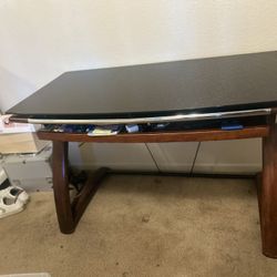 Modern Office Desk, Black Glass Top, Wooden Bottom, Pull Out Board Space 