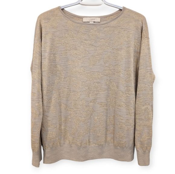 Ann Taylor Loft Beige &Gold Sparkle Wool Blend Printed Sweater Womans