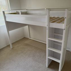 Twin Size Loft Bed with Rolling Cabinet, Desk, Drawers and Bed Side Storage