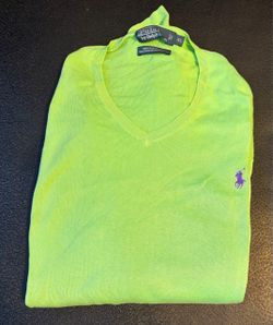 Men’s Polo Ralph Lauren V-neck sweater in neon green, size XL.