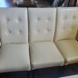 Set Of 4 Leather Dining Chairs Cream Color Wood Legs
