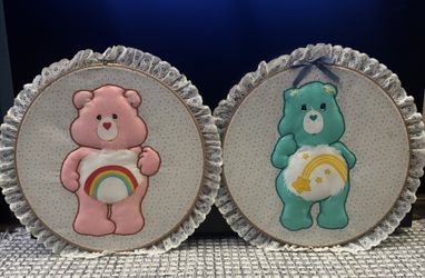 Vintage Embroidery hoop art pieces - The Care Bears Wish Bear & Cheer Bear  16”