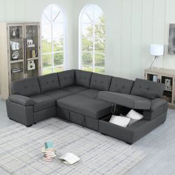 U Shaped Sectional Sofa Couch Pull-Out Bed With Storage Chaise