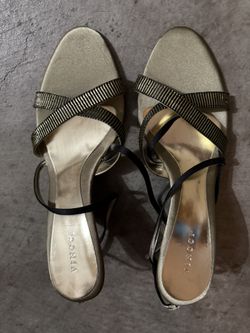 Black & Gold Strappy Heels (medium wedge heel, size 6)