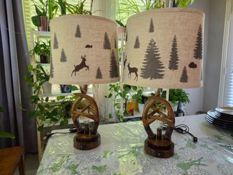 Rustic Farmhouse Antlers Table Lamp Set Of 2 With Nightlight Dual USB Ports Linen Fabric Round Shade Bedside Lamp Decor For Living Room Bedroom Office