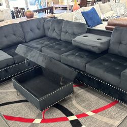 Black Reversible Sectional w/ Drop Down and Storage Ottoman 👍90 days FREE FINANCING ❗ 