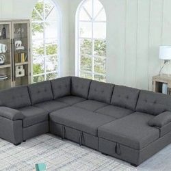 New In Box Modern L sectional 7 seater couch sofa with pull out bed and storage new factory sealed boxes sillon 