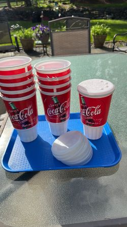 Vintage Coca Cola plastic cups & lids. 10